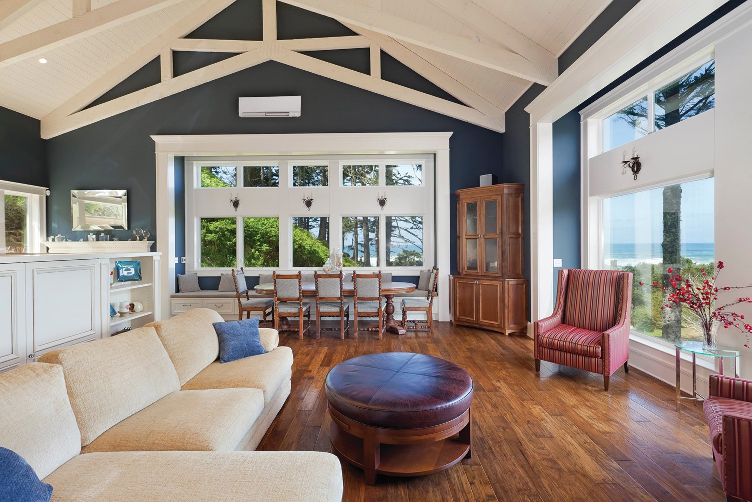 blue living room coastal with heat pump